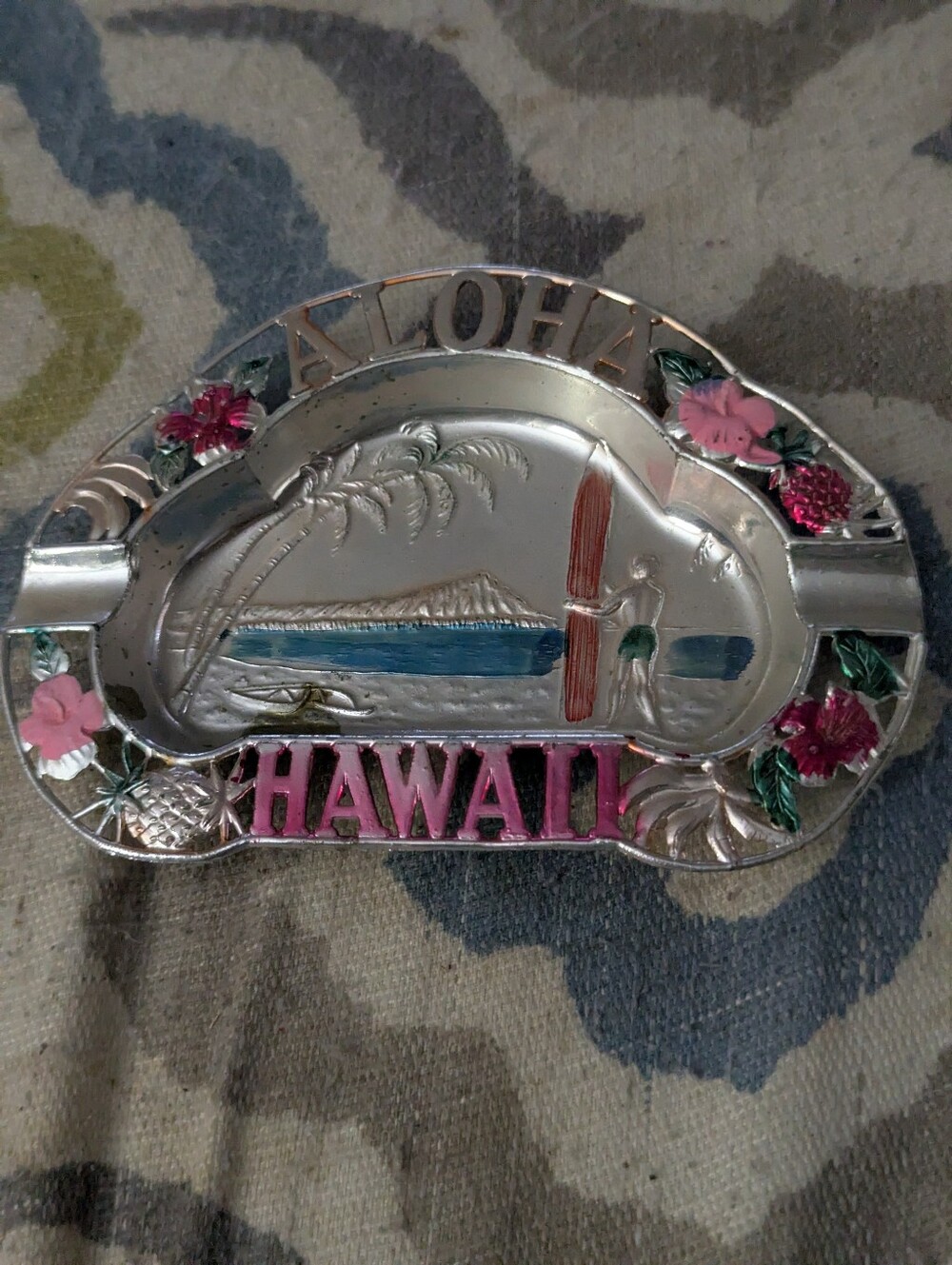 Silver Hawaii Aloha vintage ashtray with Pink Accents and Palm Trees